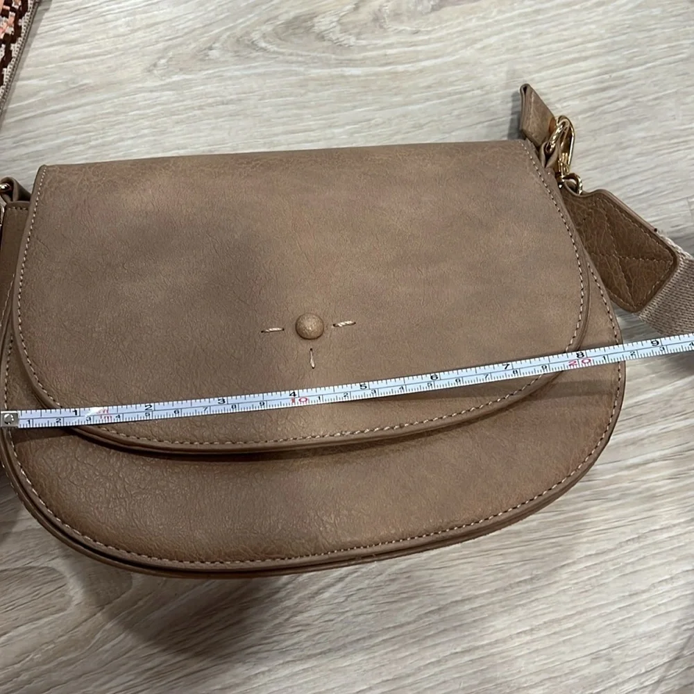 Tan Crossbody Bag with Patterned Strap